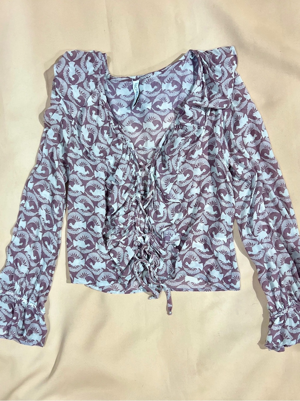 Rachel Pally Eros Dove Print Ruffle Lace Up Long Sleeve Boho Blouse M USA made